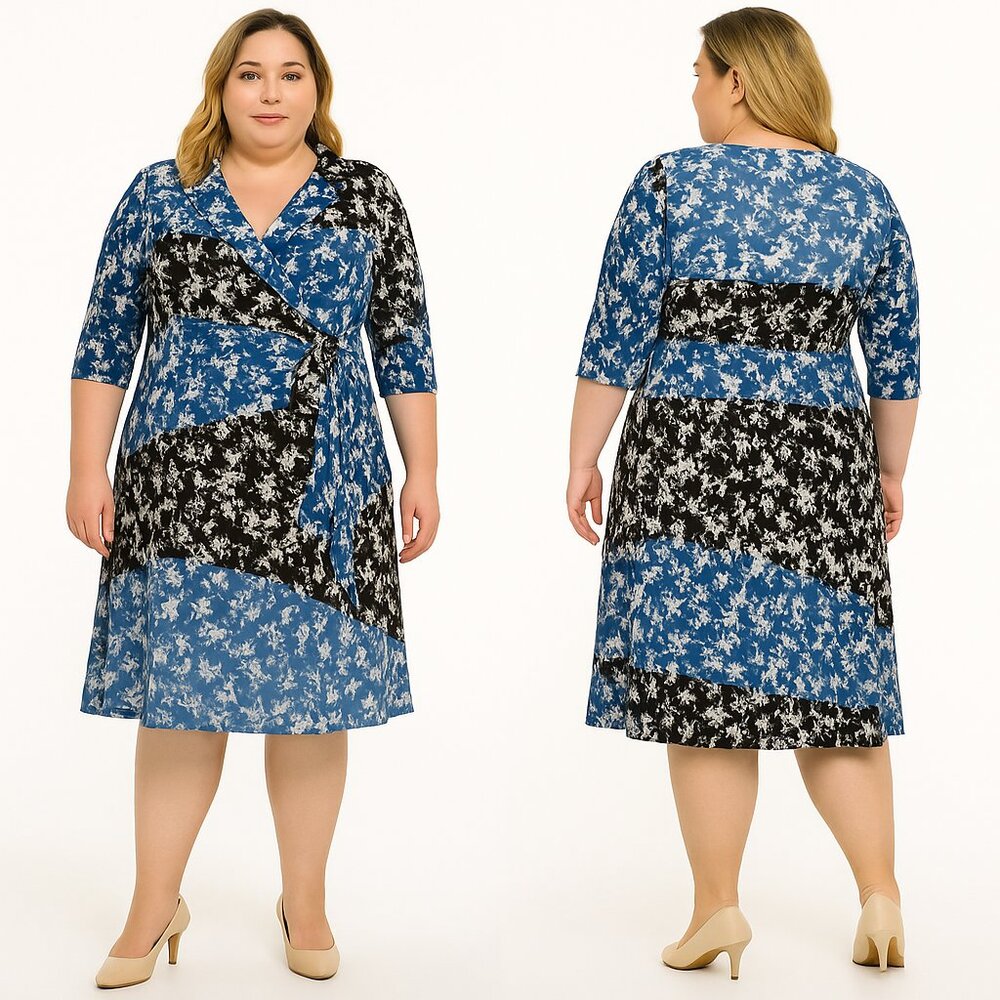 Gabby Skye Blue and Black Floral Wrap Dress